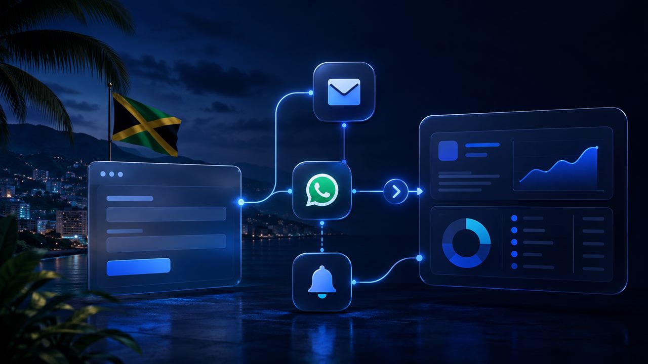 Business automation workflow connecting website forms notifications and dashboards