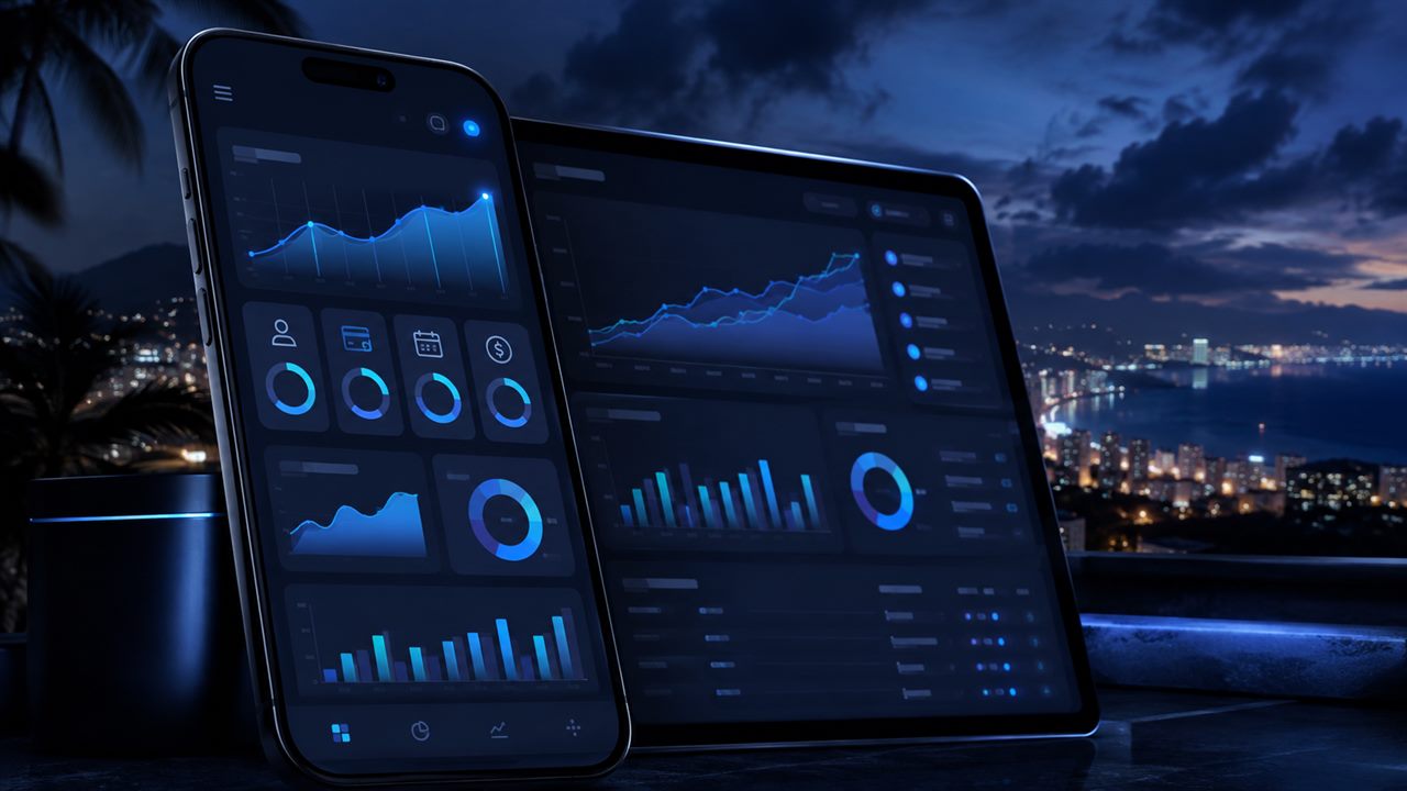 Business dashboard showing lead payment and consultation metrics on mobile and desktop