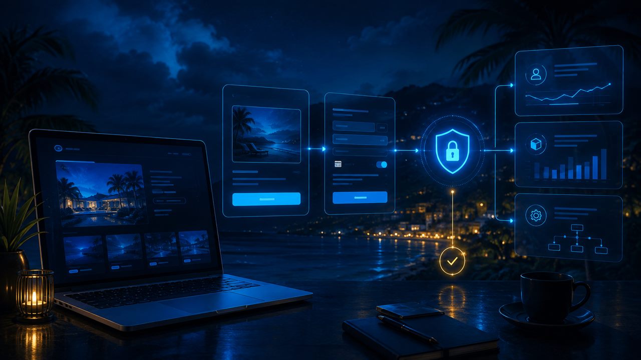 Secure website payment request workflow connected to automation and dashboard cards